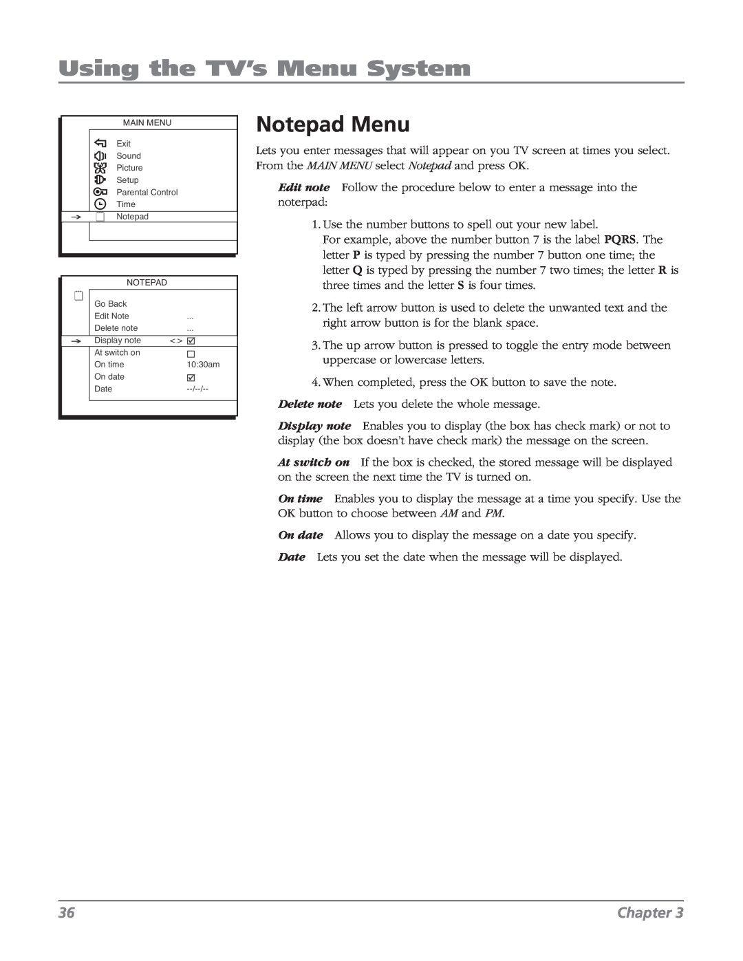 RCA 32V524T, 32v434t manual Notepad Menu, Using the TV’s Menu System, Chapter 