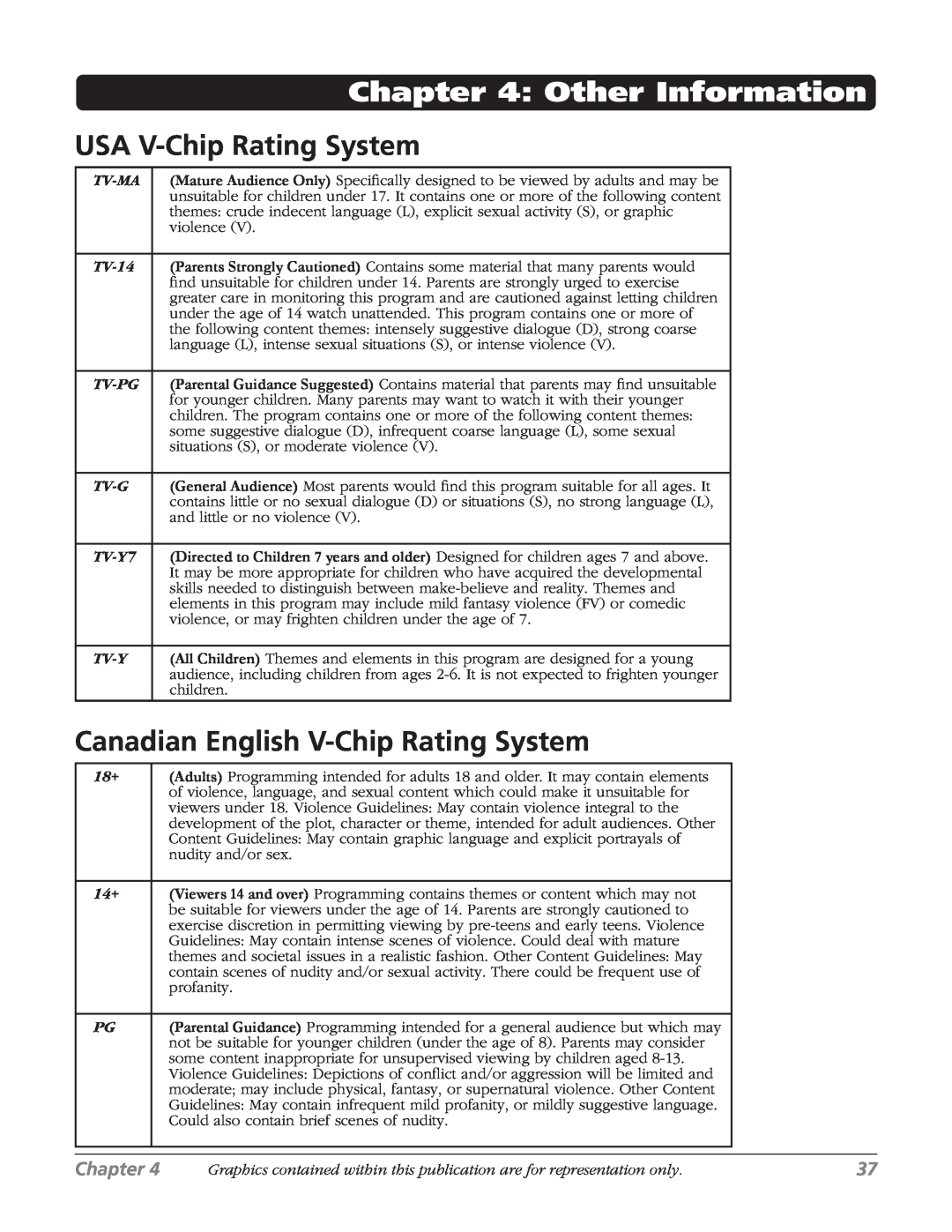 RCA 32v434t, 32V524T manual Other Information, USA V-Chip Rating System, Canadian English V-Chip Rating System, Chapter 