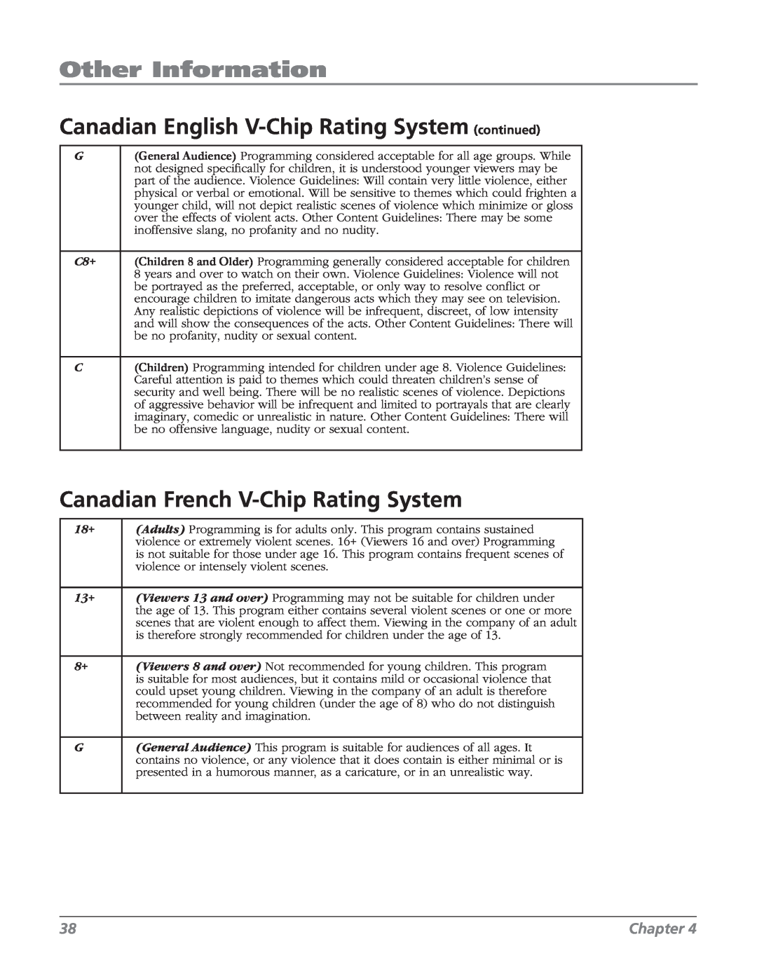 RCA 32V524T manual Other Information, Canadian English V-Chip Rating System continued, Canadian French V-Chip Rating System 