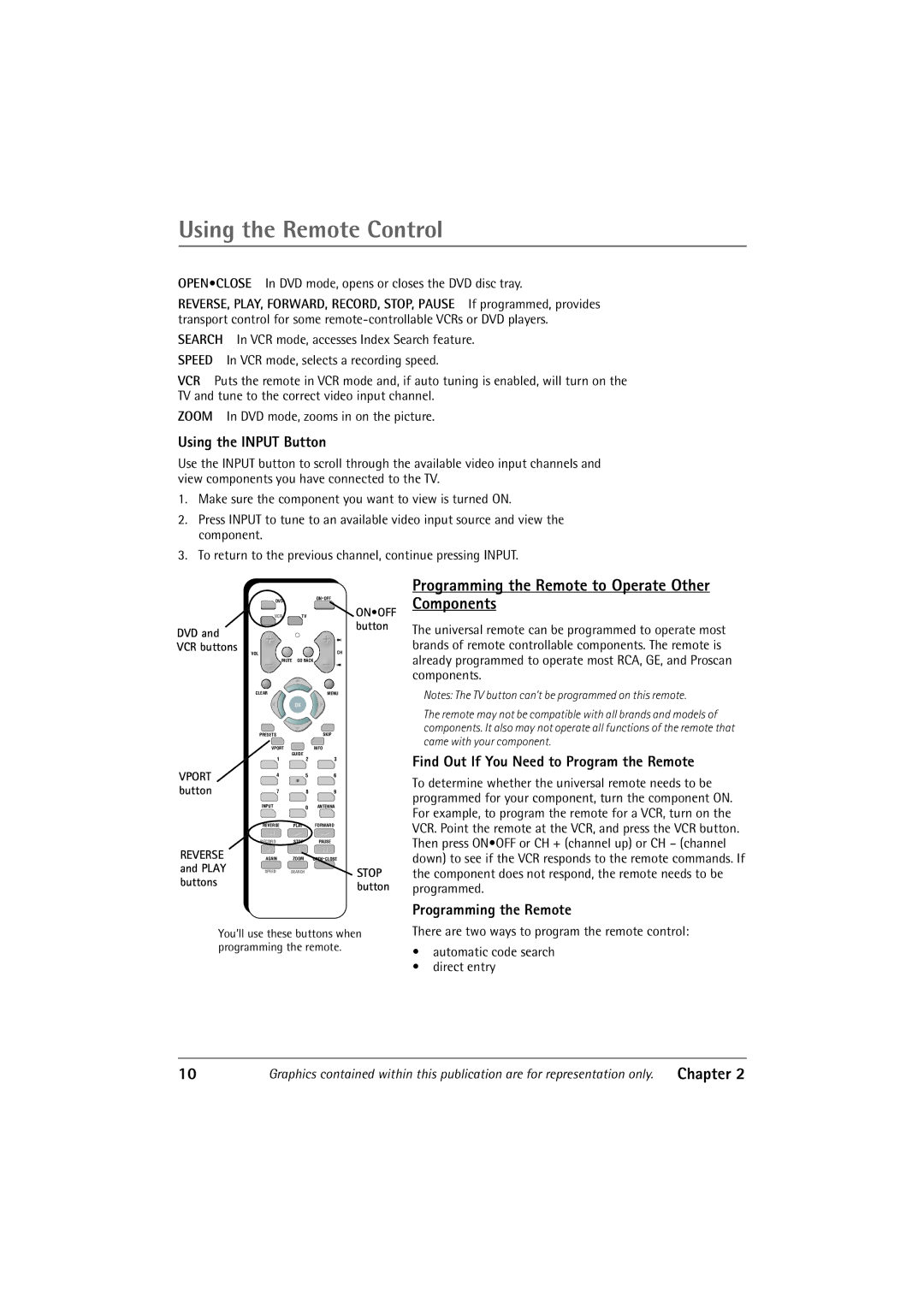 RCA 32V550T manual Using the Remote Control, Programming the Remote to Operate Other Components, Using the Input Button 