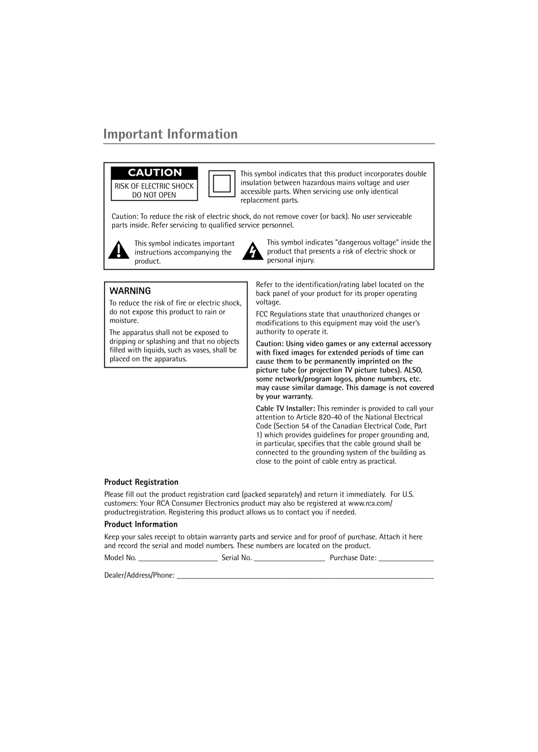 RCA 32V550T manual Important Information, Product Registration, Product Information 