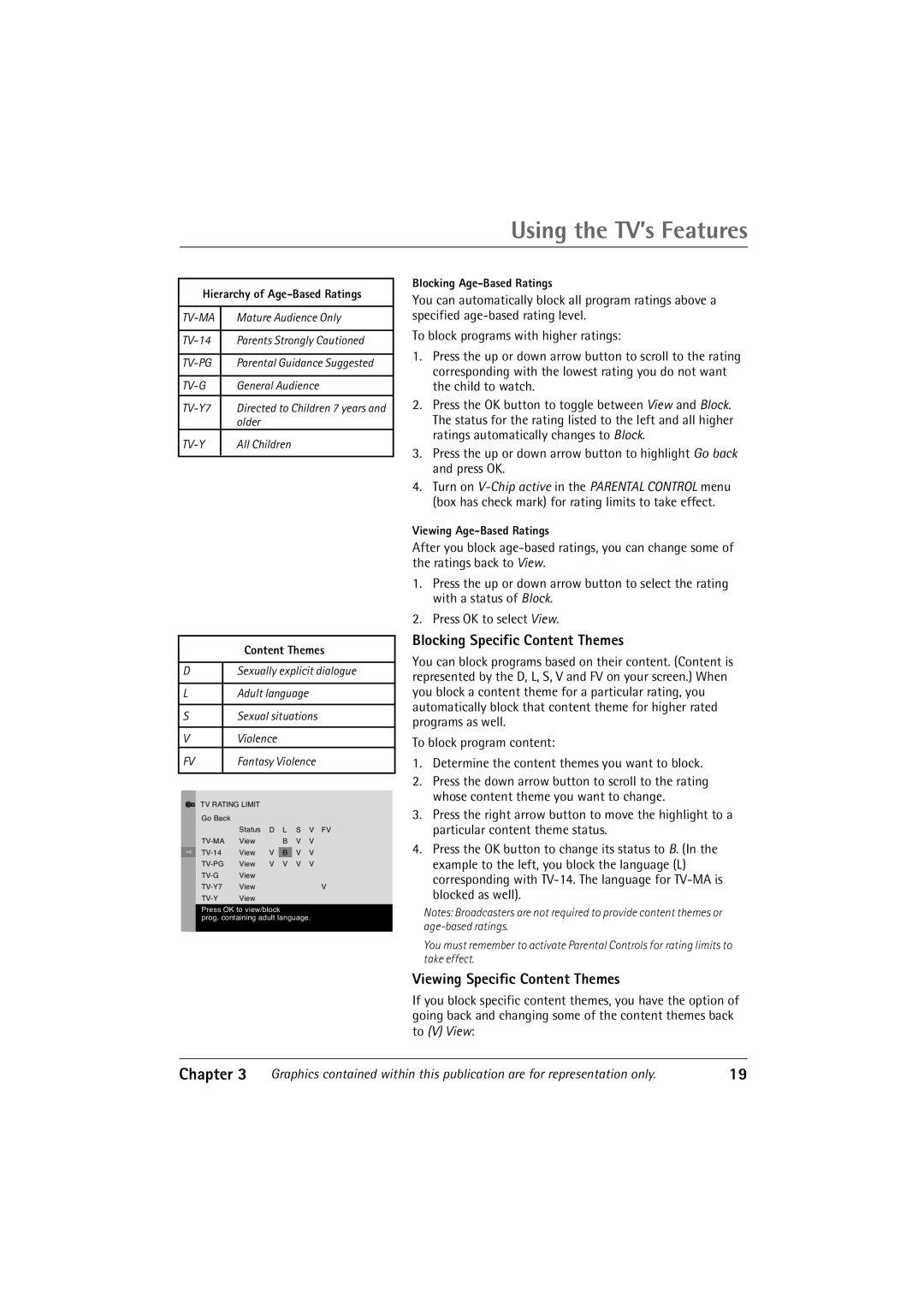 RCA 32V550T manual Blocking Specific Content Themes, Viewing Specific Content Themes, Hierarchy of Age-Based Ratings 