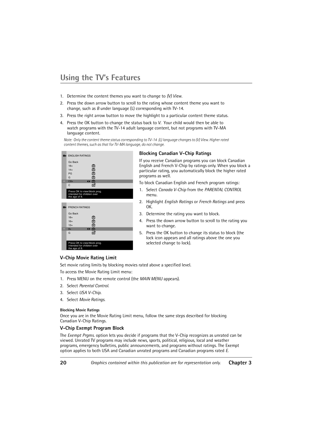 RCA 32V550T Blocking Canadian V-Chip Ratings, Chip Movie Rating Limit, Chip Exempt Program Block, Blocking Movie Ratings 