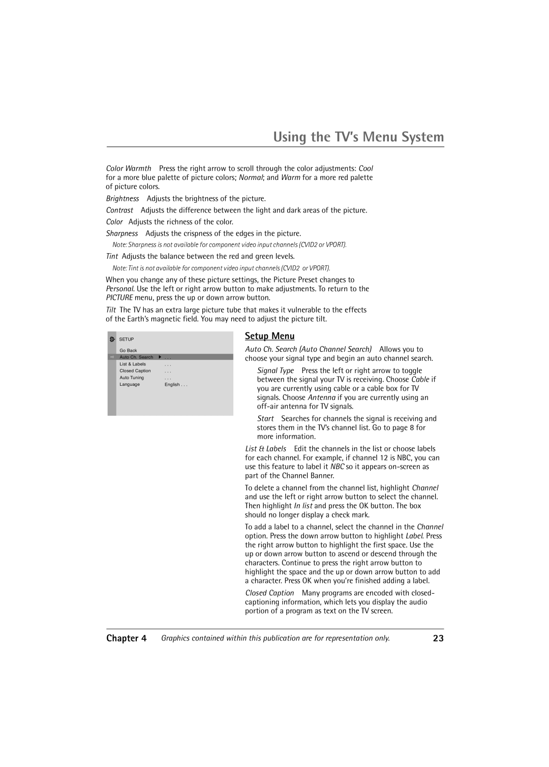 RCA 32V550T manual Using the TV’s Menu System, Setup Menu 