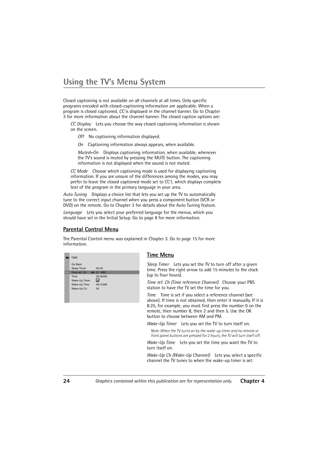 RCA 32V550T manual Parental Control Menu, Time Menu 