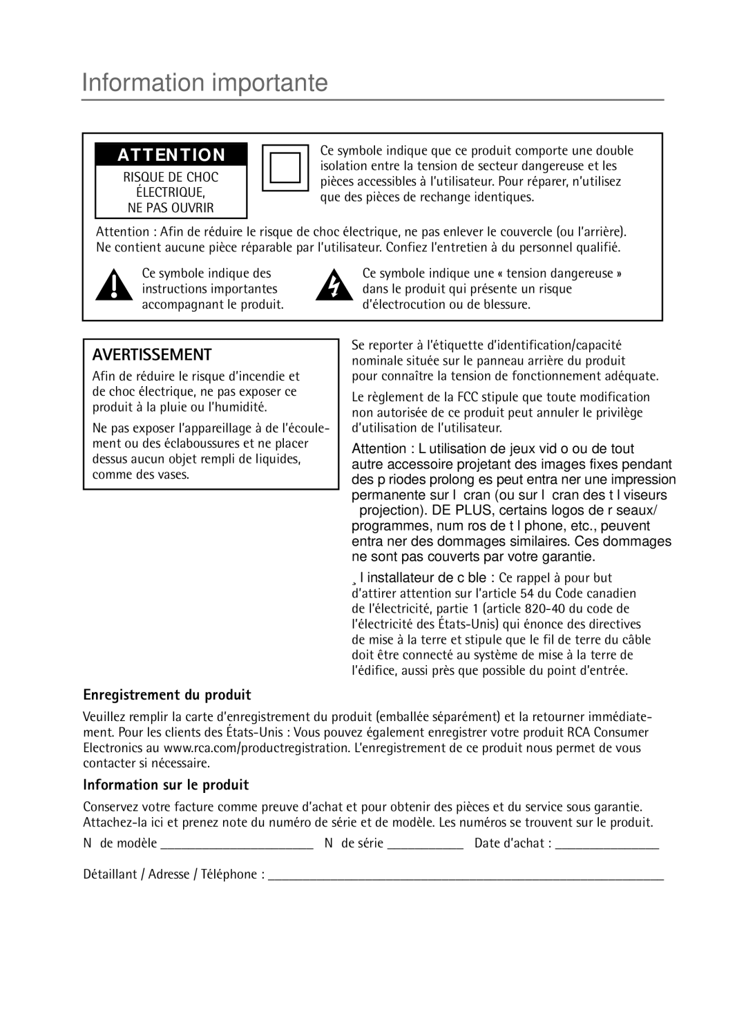 RCA 32V550T manual Information importante, Enregistrement du produit, Information sur le produit 