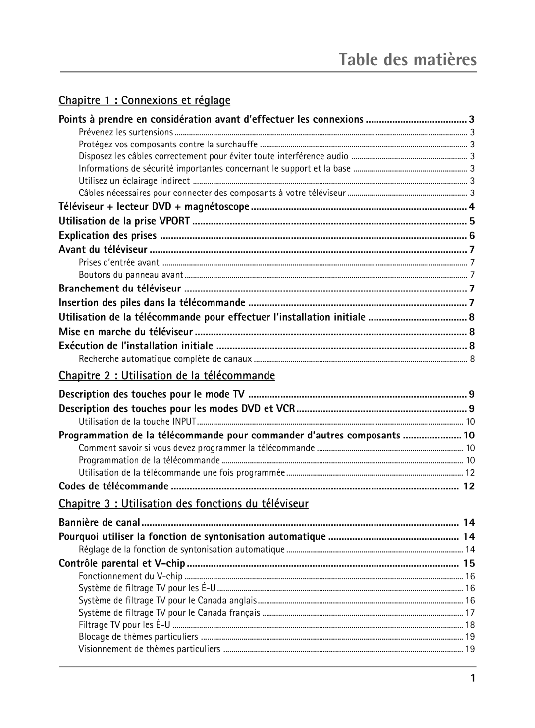 RCA 32V550T manual Chapitre 1 Connexions et rŽglage, Chapitre 2 Utilisation de la tŽlŽcommande 