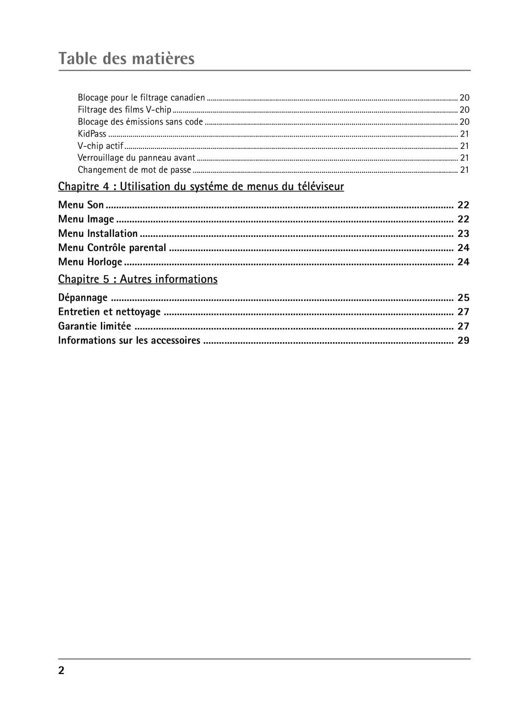 RCA 32V550T Table des matires, Chapitre 4 Utilisation du systŽme de menus du tŽlŽviseur, Chapitre 5 Autres informations 