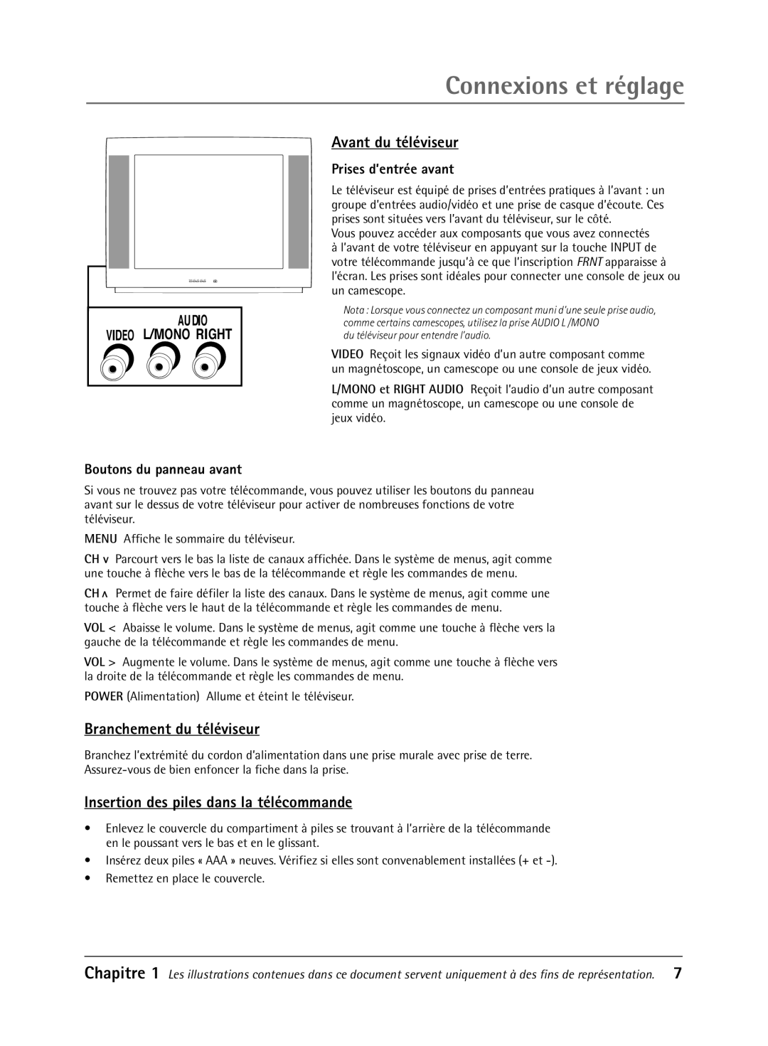 RCA 32V550T manual Avant du tŽlŽviseur, Branchement du tŽlŽviseur, Insertion des piles dans la tŽlŽcommande 