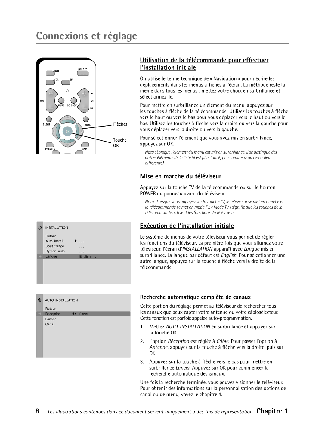 RCA 32V550T manual LÕinstallation initiale, Mise en marche du tŽlŽviseur, ExŽcution de lÕinstallation initiale 