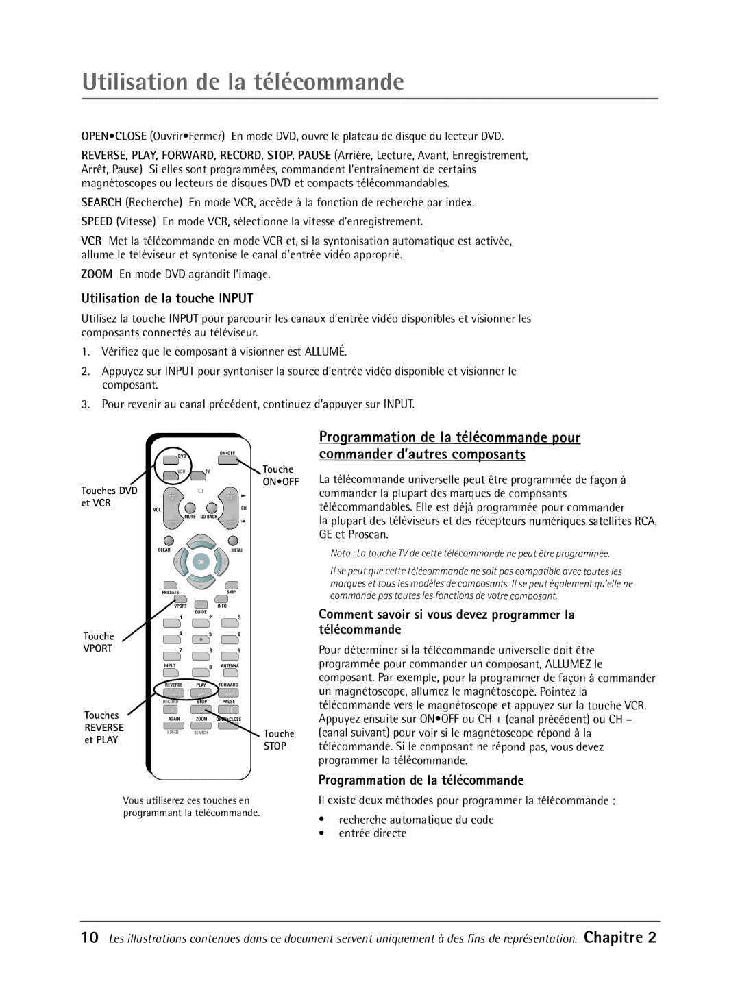 RCA 32V550T manual Utilisation de la tŽlŽcommande, Utilisation de la touche Input, Zoom En mode DVD agrandit lÕimage 