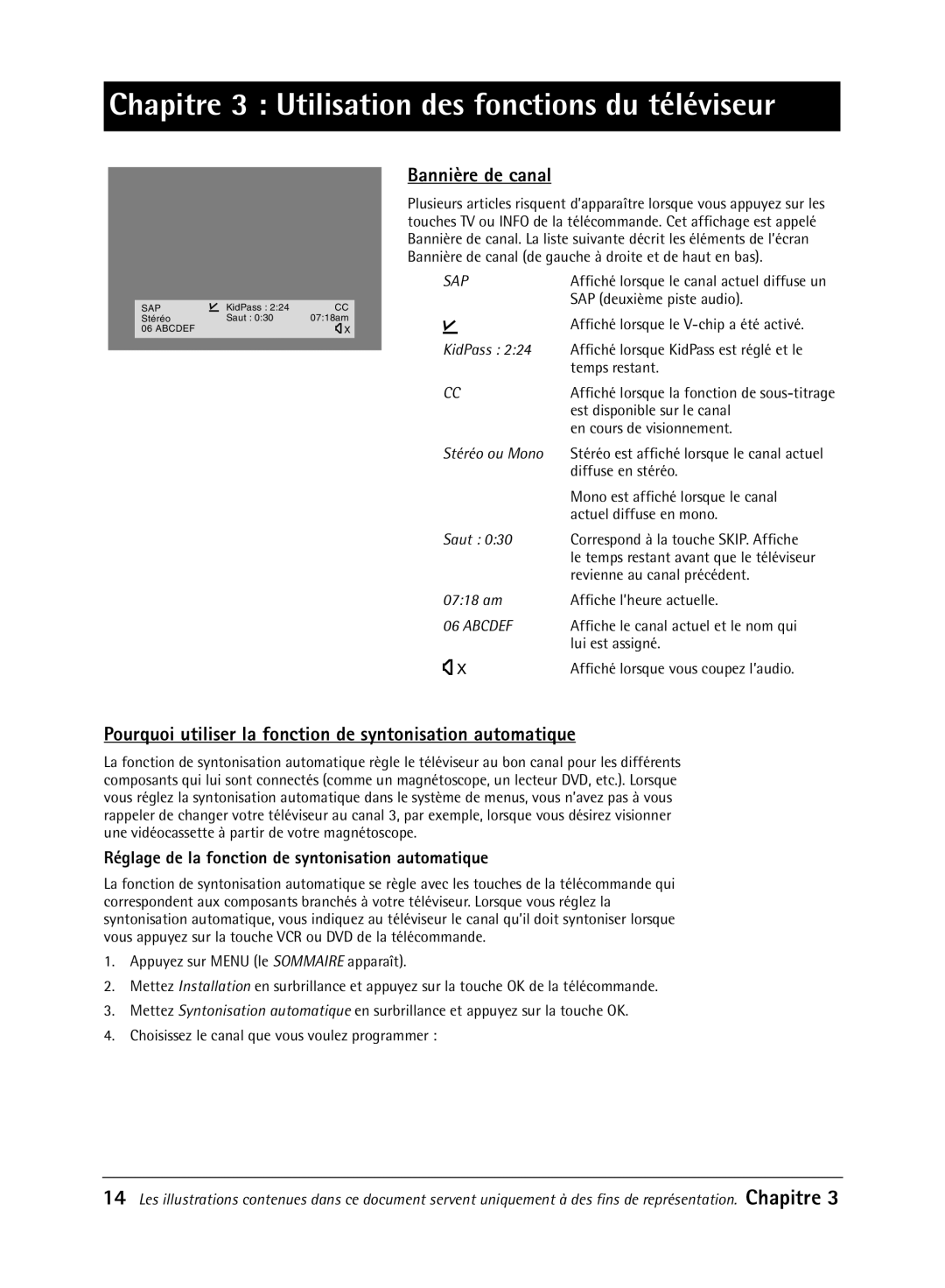 RCA 32V550T manual Bannire de canal, Pourquoi utiliser la fonction de syntonisation automatique 