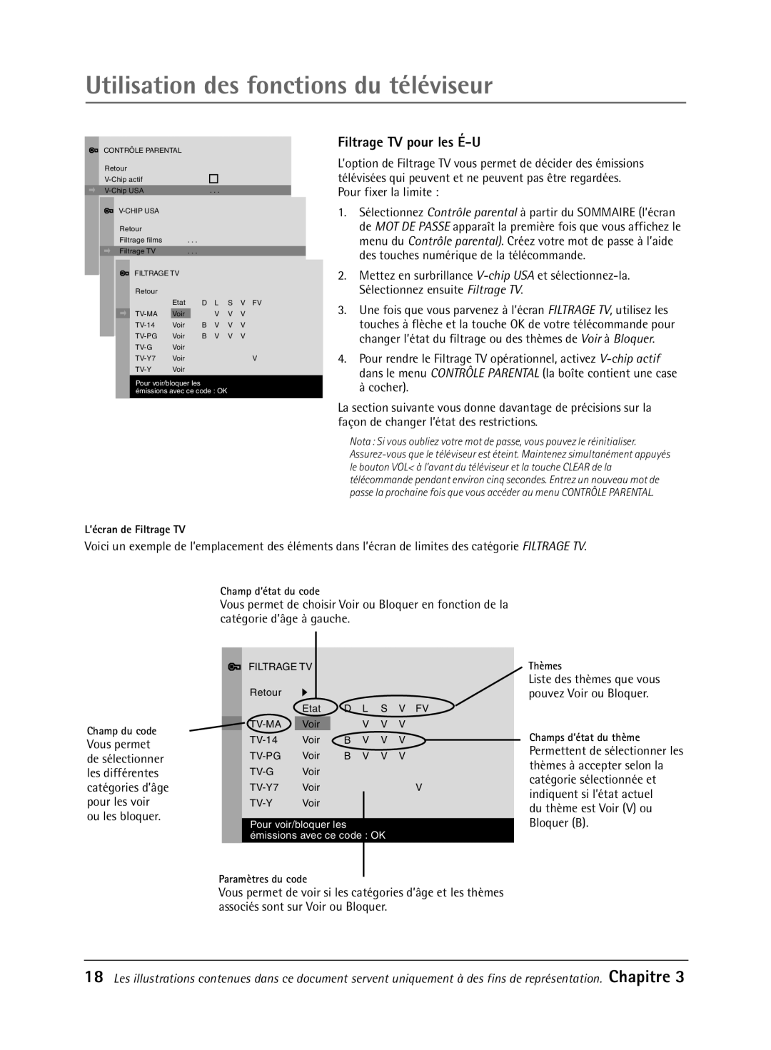 RCA 32V550T manual Filtrage TV pour les ƒ-U, Du thme est Voir V ou Bloquer B 