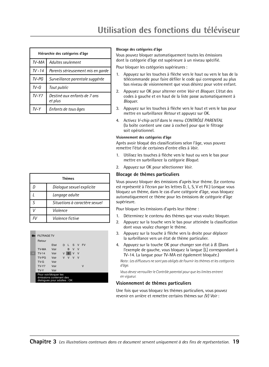 RCA 32V550T Blocage de thmes particuliers, Visionnement de thmes particuliers, Pour bloquer les catŽgories supŽrieures 