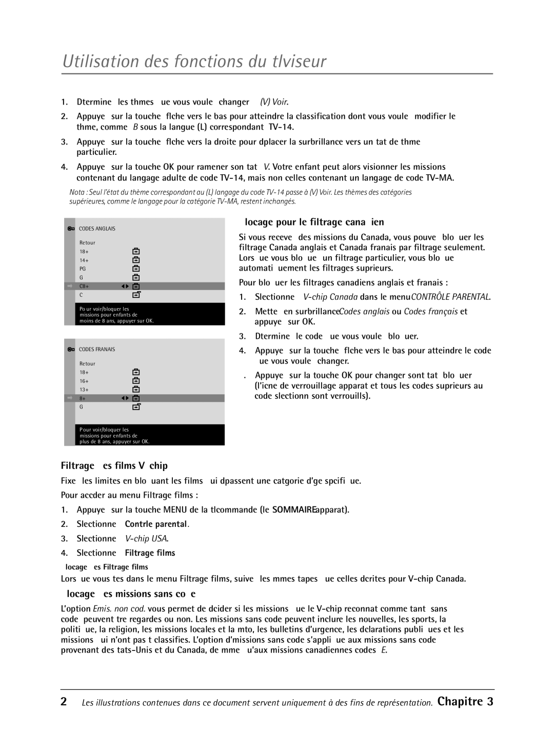 RCA 32V550T manual Filtrage des films V-chip Blocage pour le filtrage canadien, Blocage des Žmissions sans code 