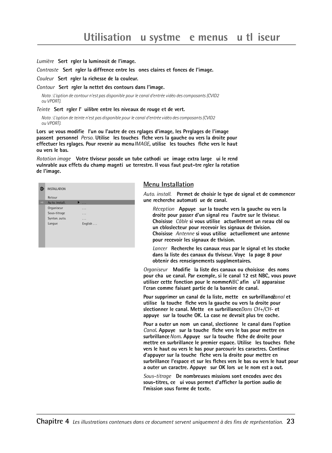 RCA 32V550T manual Utilisation du systme de menus du tŽlŽviseur, Menu Installation 