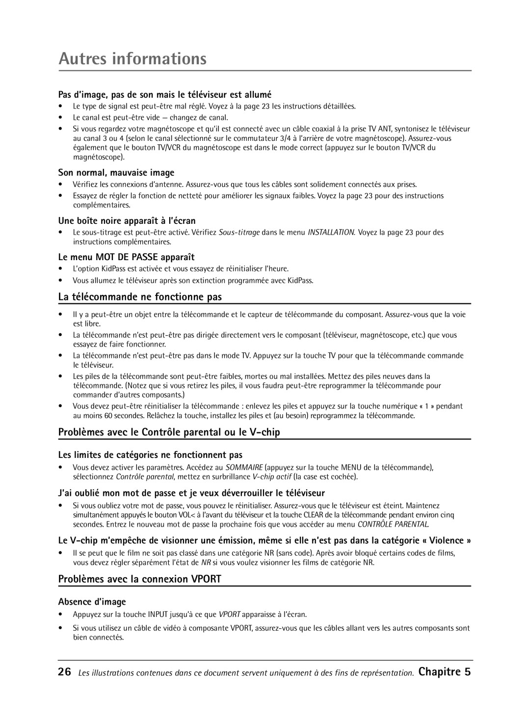 RCA 32V550T manual Autres informations, La tŽlŽcommande ne fonctionne pas, Problmes avec le Contrle parental ou le V-chip 