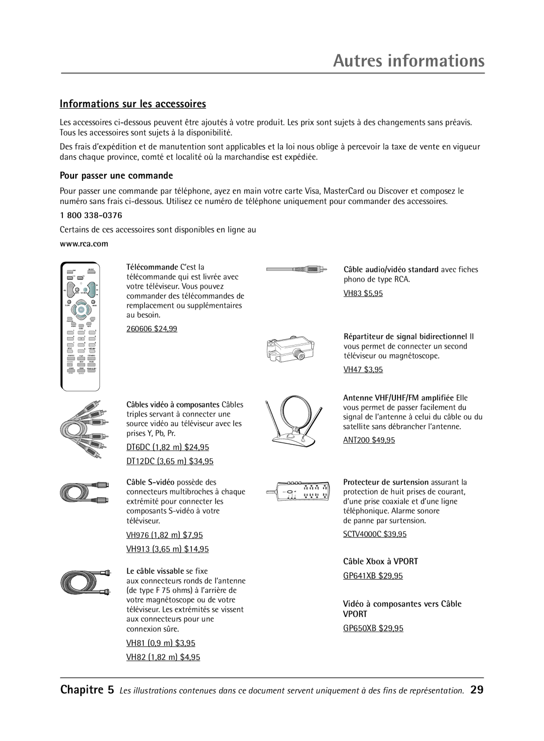 RCA 32V550T manual Informations sur les accessoires, Pour passer une commande, 800, Câble Xbox à Vport 