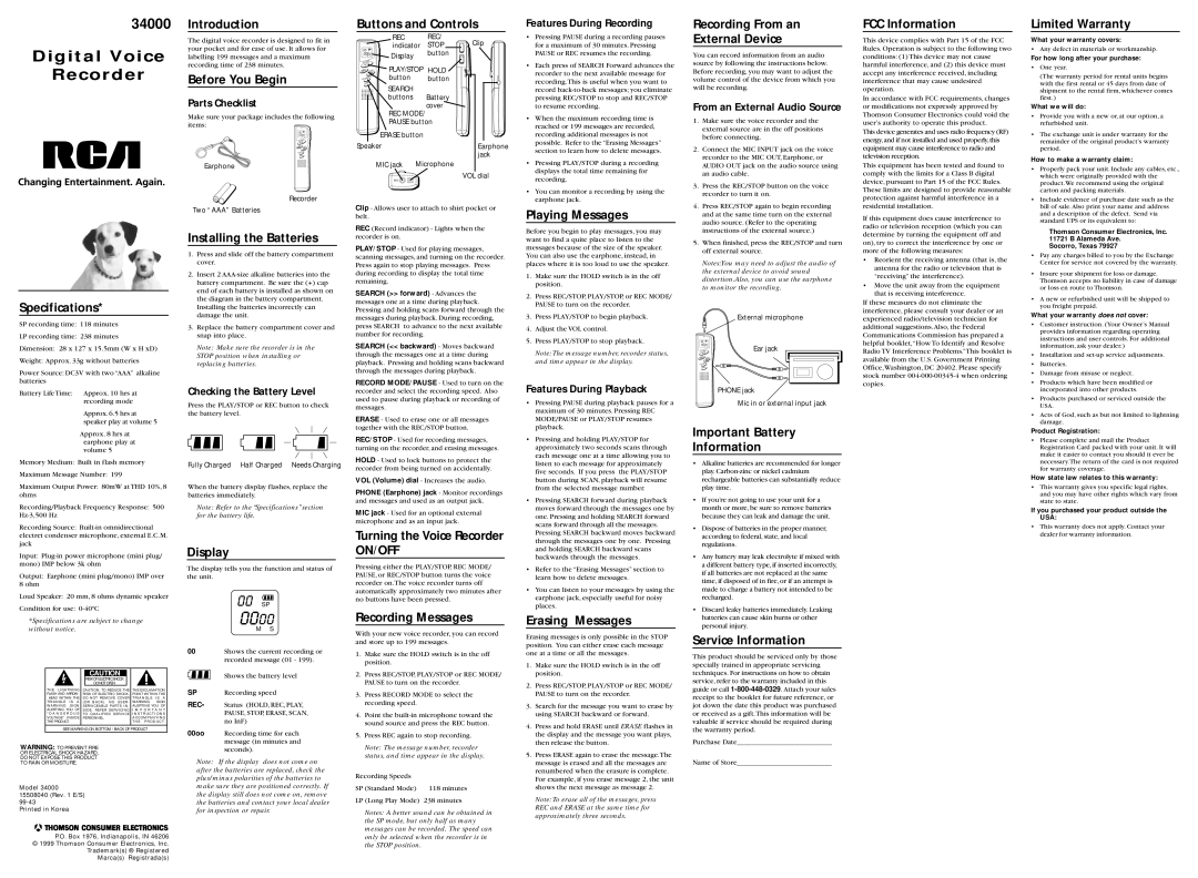 RCA 34000 specifications Specifications, Introduction, Before You Begin, Installing the Batteries, Display 