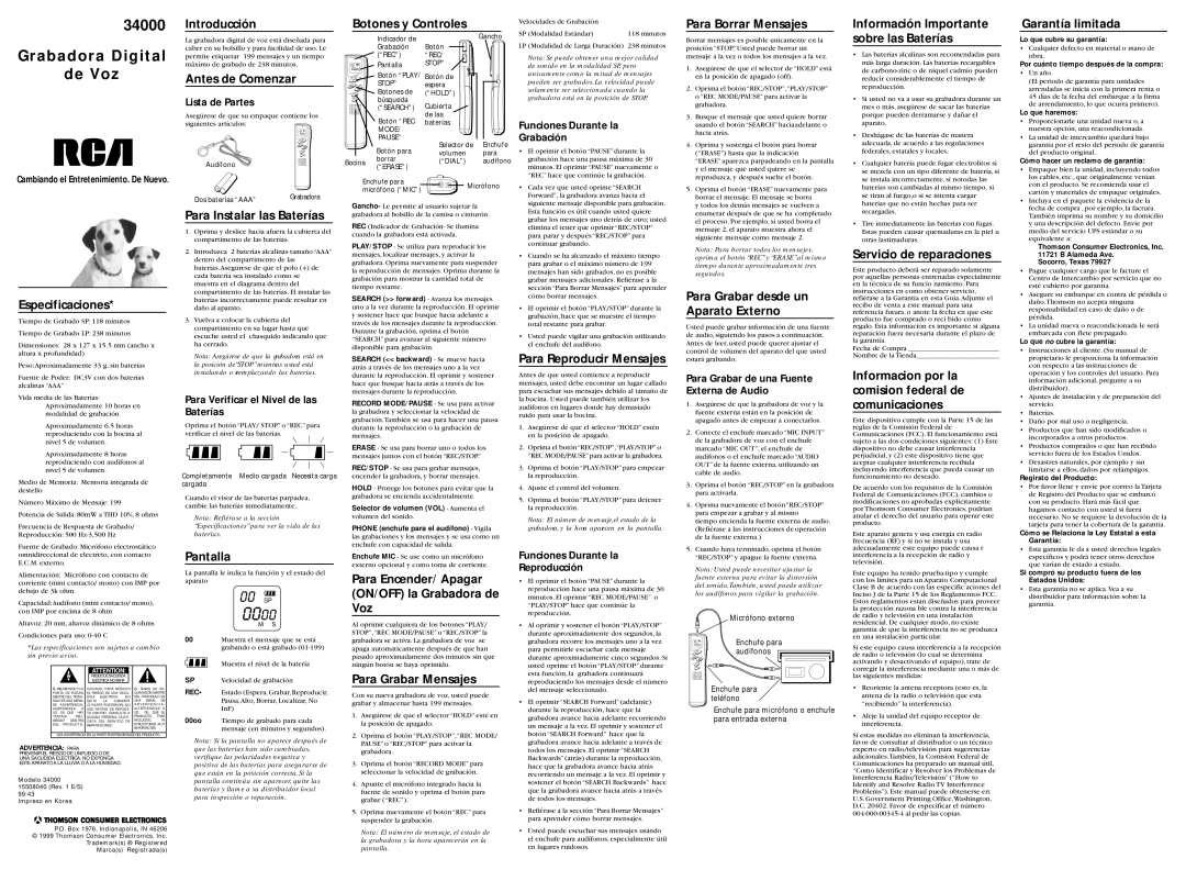 RCA 34000 Introducción Botones y Controles, Antes de Comenzar, Sobre las Baterías, Especificaciones, Pantalla 