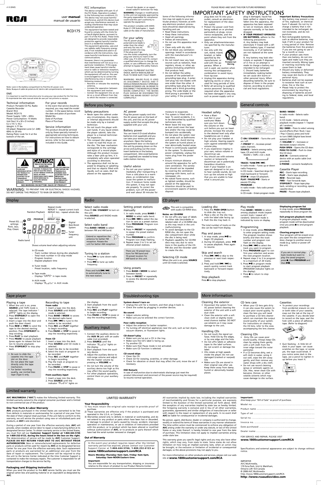 RCA 344A2555-0001 user manual RCD175, Before you begin, General controls, Display, Radio, CD player, Tape player 