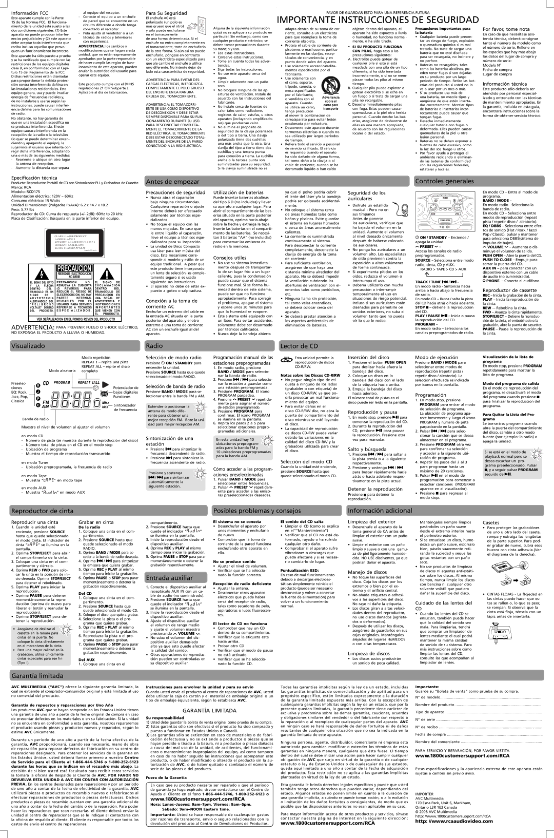 RCA 344A2555-0001 user manual Antes de empezar, Controles generales, Visualizado Radio Lector de CD, Entrada auxiliar 