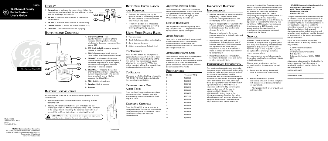 RCA 35809 warranty Display Belt Clip Installation, Important Battery, Removal, Information, Battery Installation, Service 