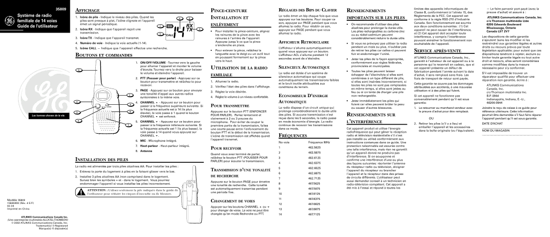 RCA 35809 Affichage, Renseignements Importants SUR LES Piles, Service APRÈS-VENTE, Utilisation DE LA Radio Familiale 