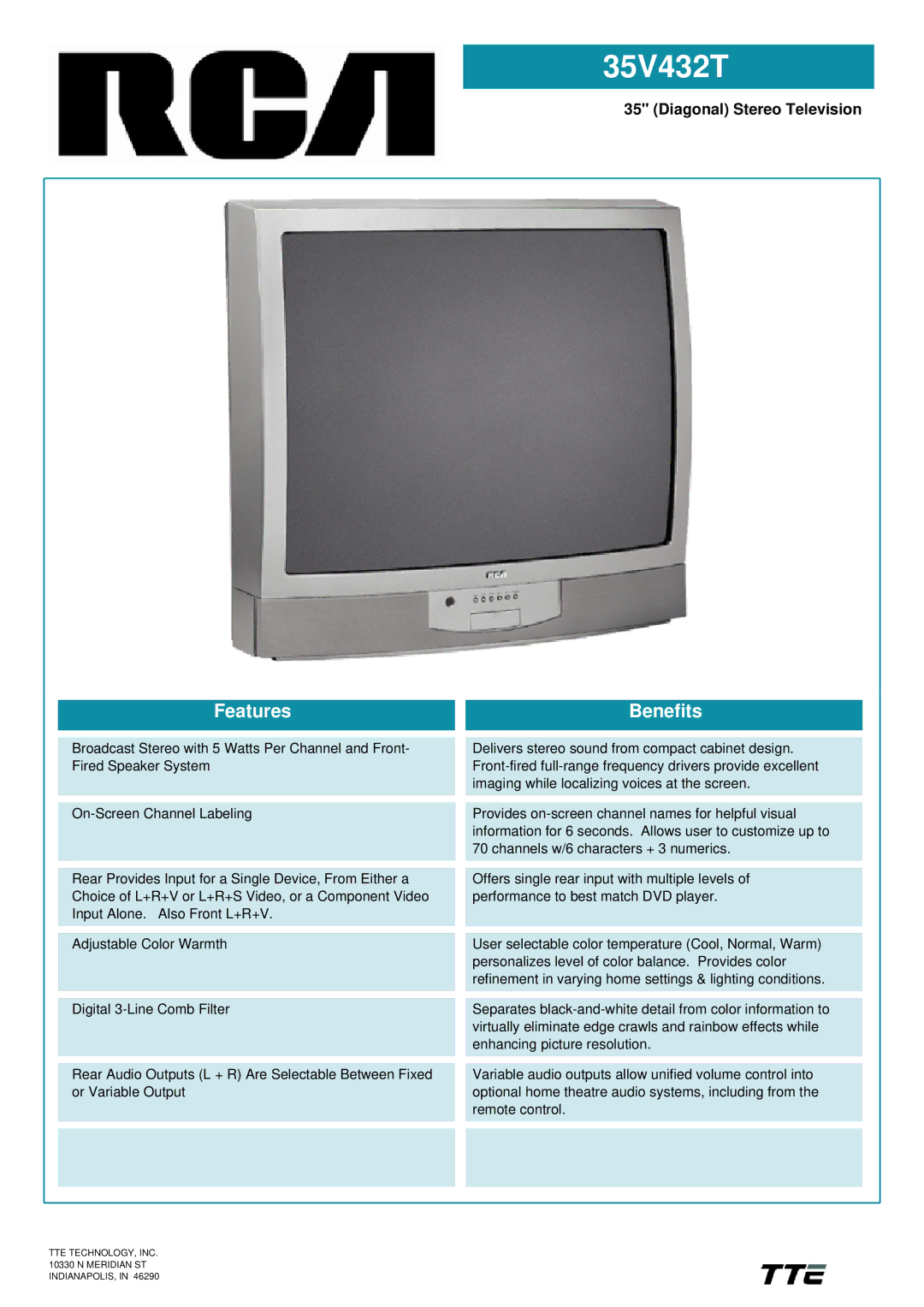 RCA 35V432T manual Features, Benefits 