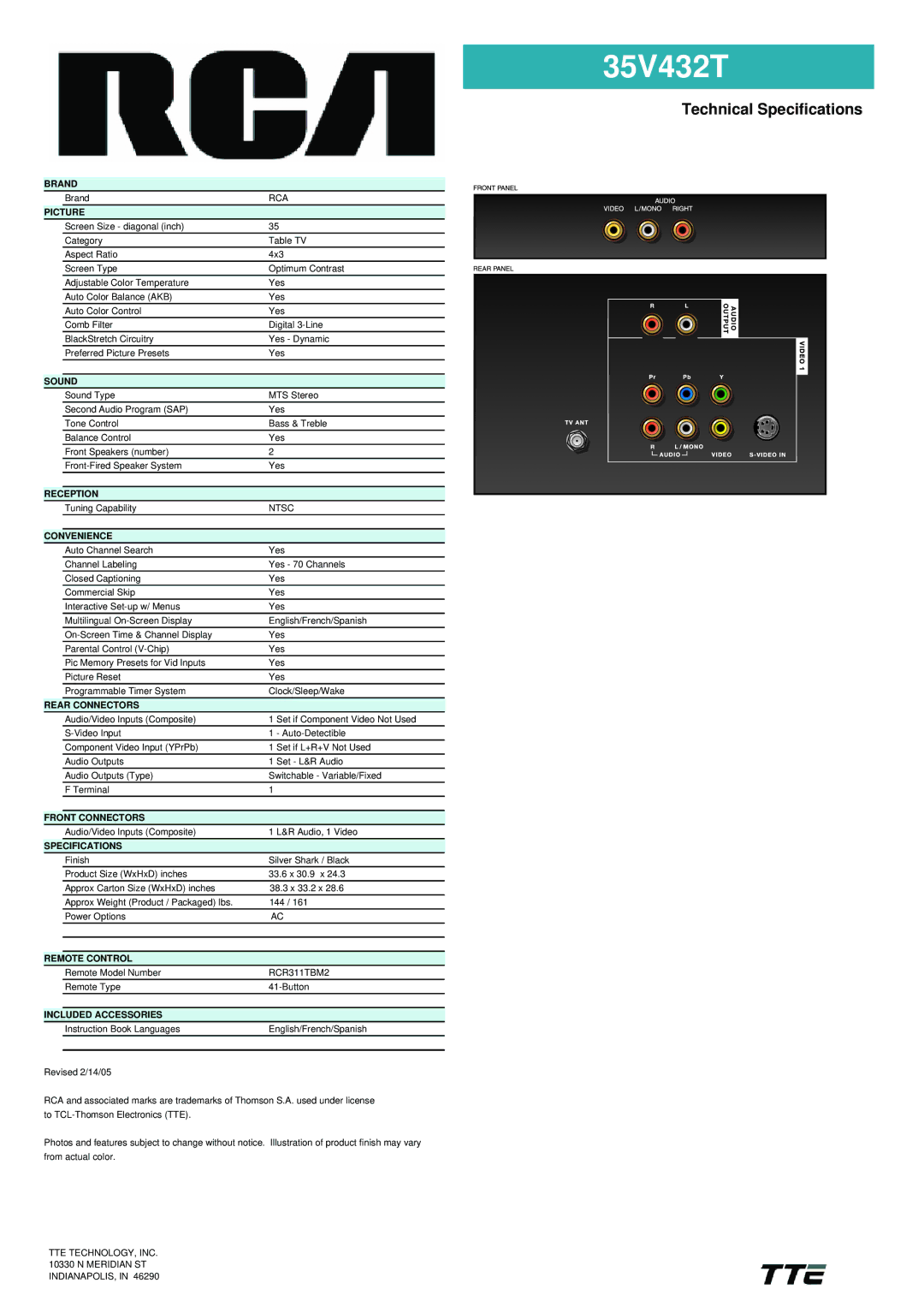 RCA 35V432T manual Brand, Picture, Sound, Reception, Convenience, Rear Connectors, Front Connectors, Specifications 