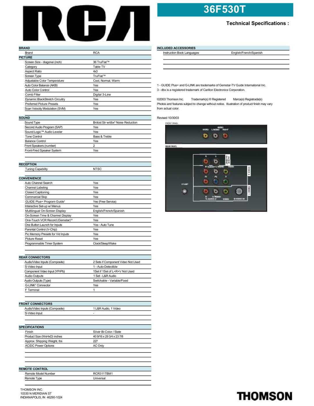 RCA 36F530T manual Brand, Picture, Sound, Reception, Convenience, Rear Connectors, Front Connectors, Specifications 