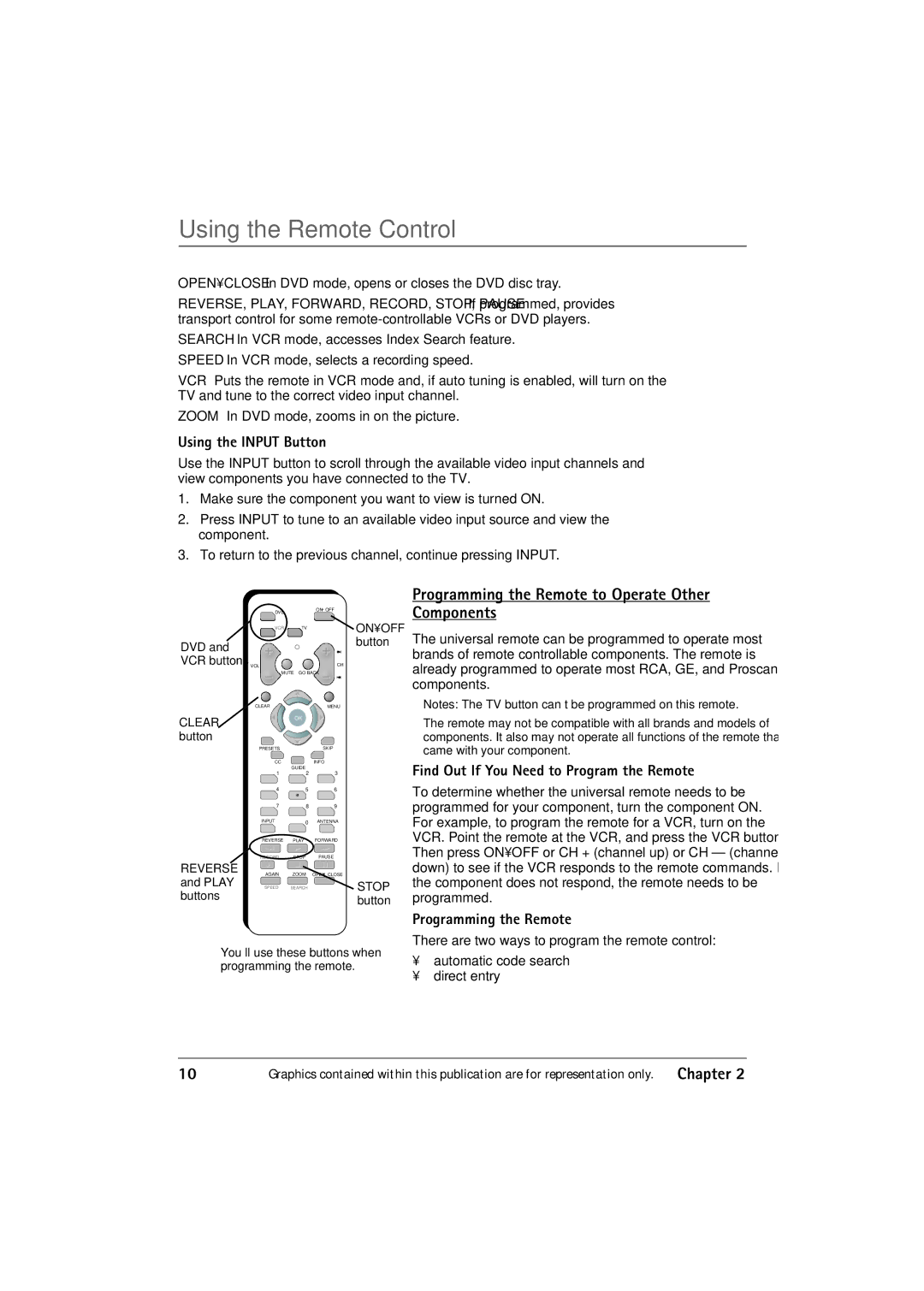 RCA 36V430T manual Using the Remote Control, Programming the Remote to Operate Other Components, Using the Input Button 