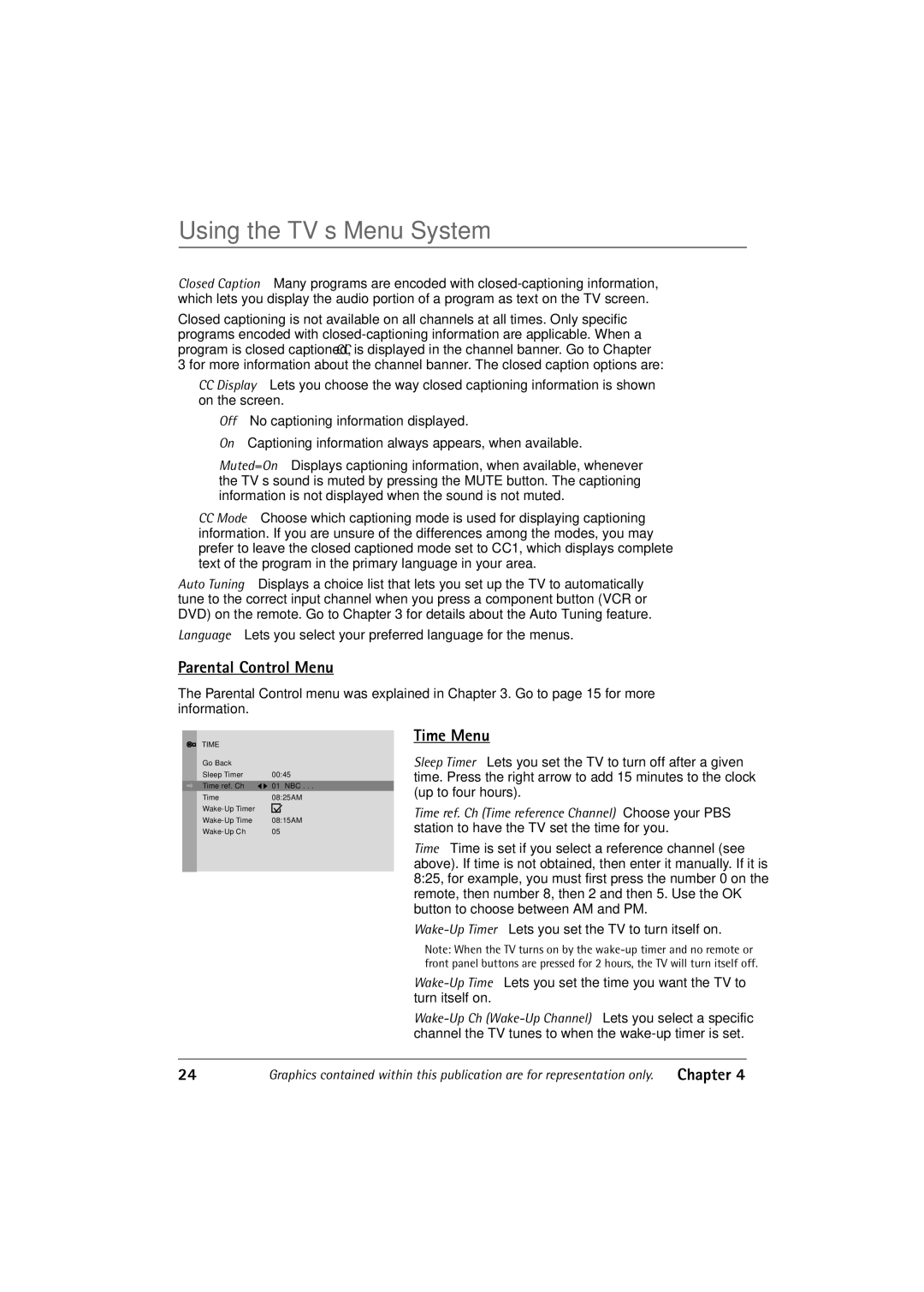 RCA 36V430T manual Parental Control Menu, Time Menu 