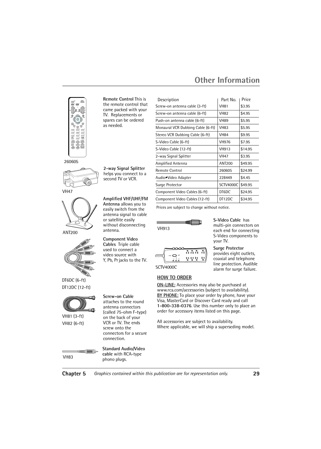 RCA 36V430T manual 260605 VH47, Description Price, ANT200, Pb, Pr jacks to the TV VH913, VH81 3-ft VH82 6-ft VH83 