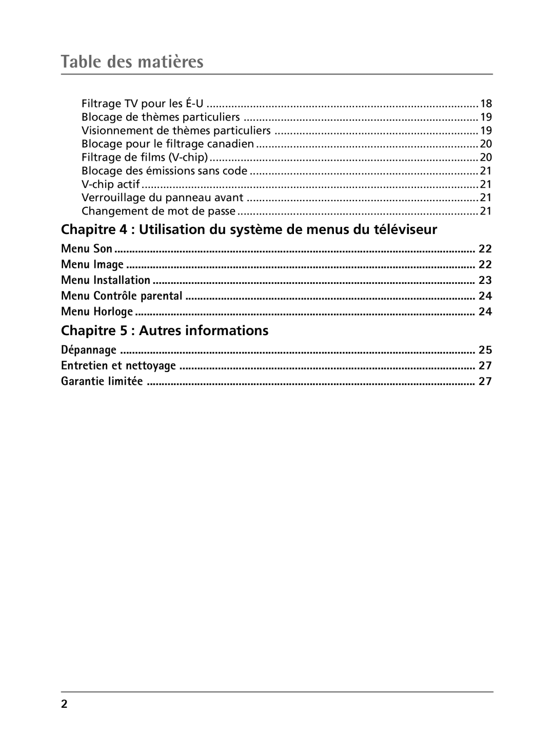 RCA 36V430T manual Table des matières, Dépannage Entretien et nettoyage Garantie limitée 