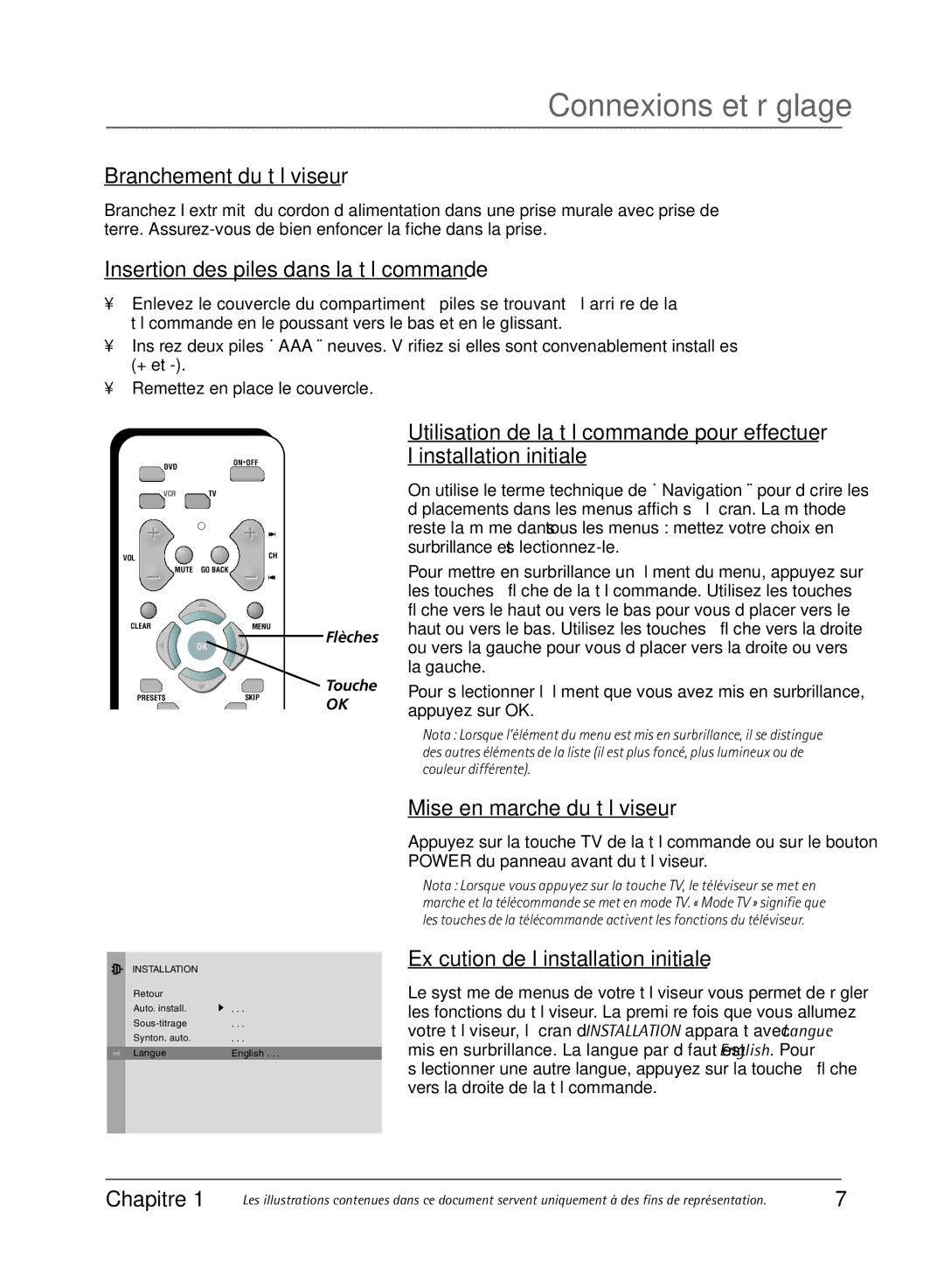 RCA 36V430T manual Branchement du téléviseur, Insertion des piles dans la télécommande, Mise en marche du téléviseur 