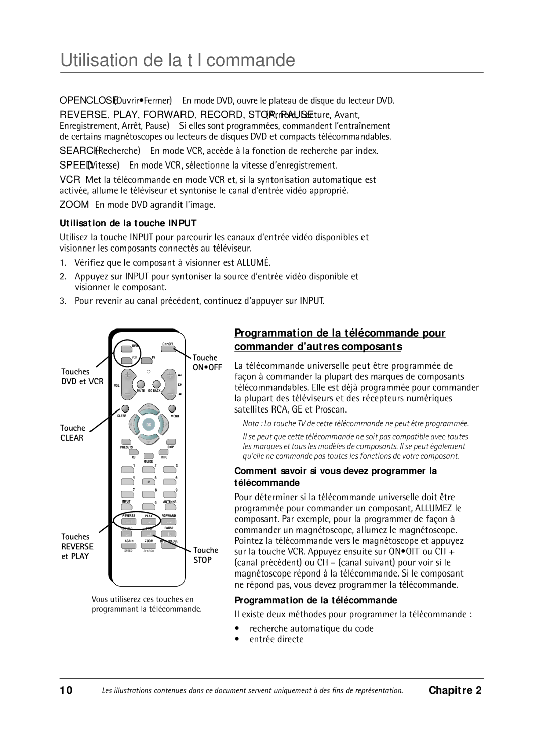 RCA 36V430T manual Utilisation de la télécommande, Utilisation de la touche Input, Programmation de la télécommande 