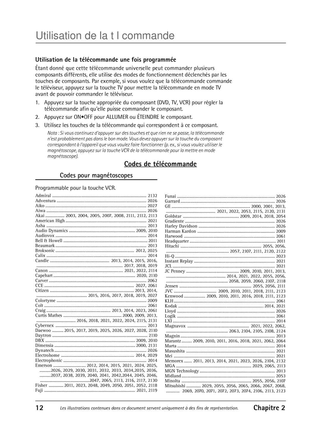 RCA 36V430T manual Codes de télécommande, Utilisation de la télécommande une fois programmée, Codes pour magnétoscopes 