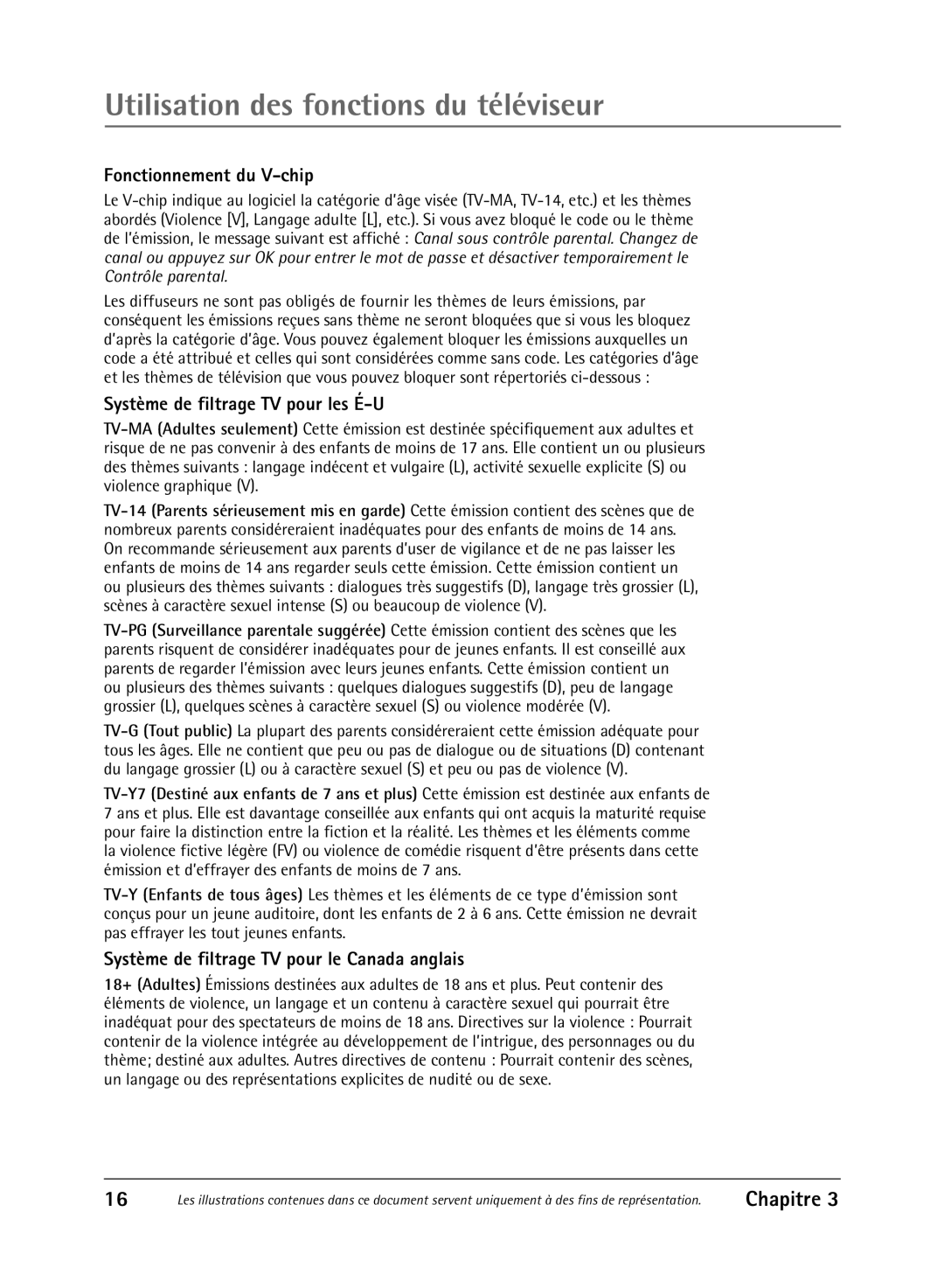RCA 36V430T Fonctionnement du V-chip, Système de filtrage TV pour les É-U, Système de filtrage TV pour le Canada anglais 