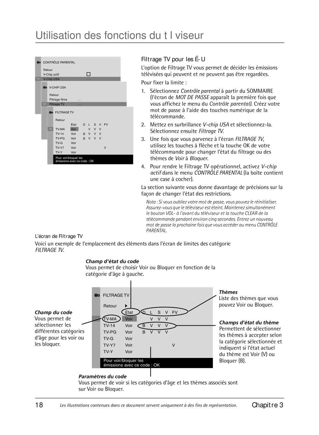 RCA 36V430T manual Filtrage TV pour les É-U, Pour fixer la limite 