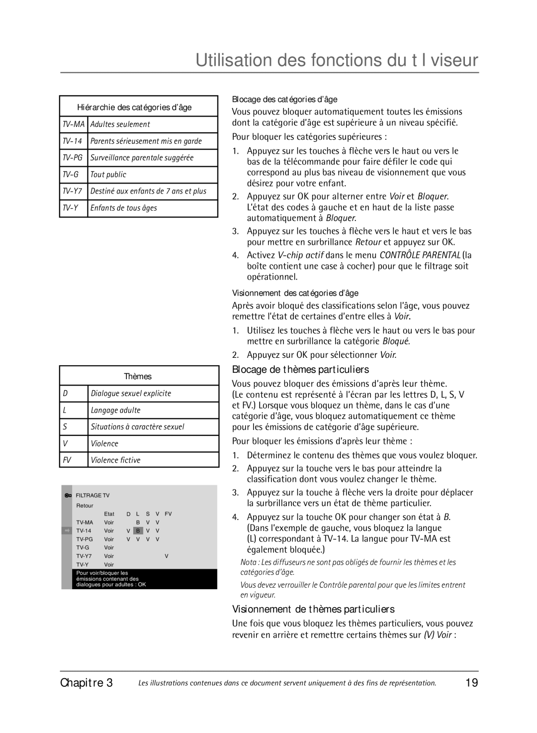 RCA 36V430T manual Blocage de thèmes particuliers, Visionnement de thèmes particuliers 