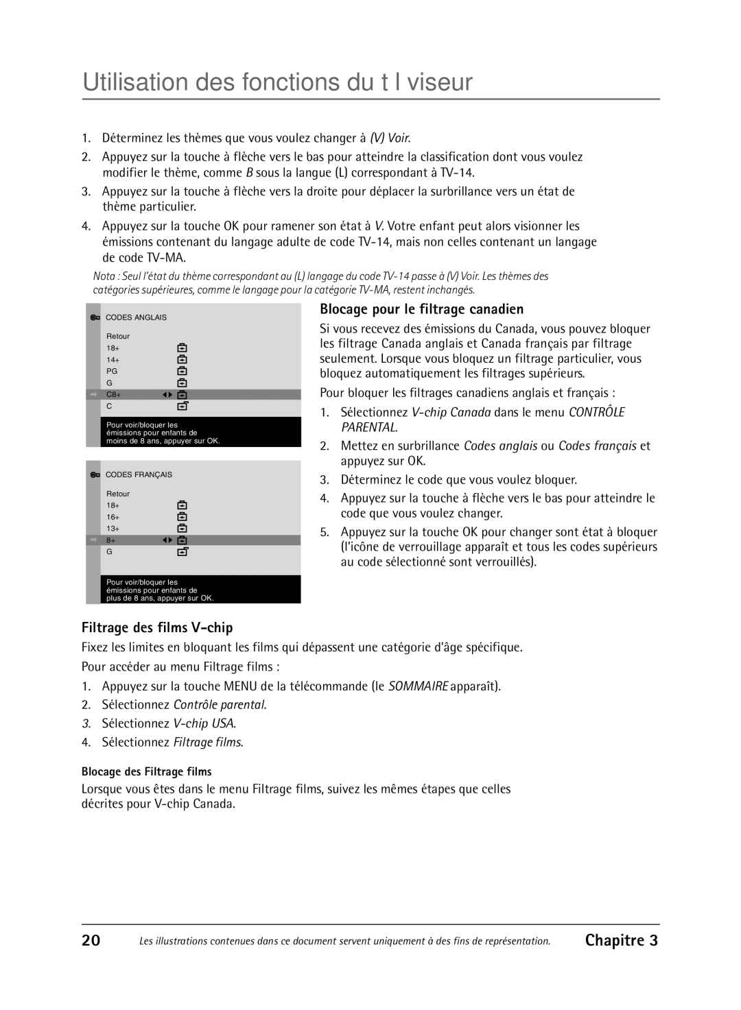RCA 36V430T manual Blocage pour le filtrage canadien, Filtrage des films V-chip 