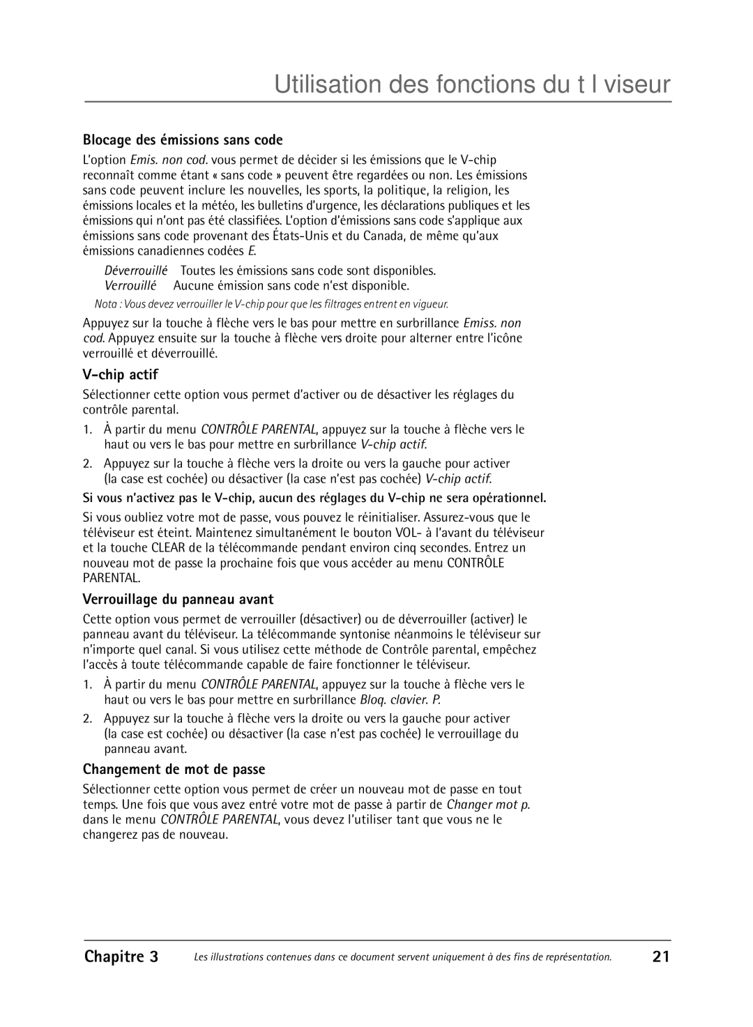 RCA 36V430T manual Blocage des émissions sans code, Chip actif, Verrouillage du panneau avant, Changement de mot de passe 