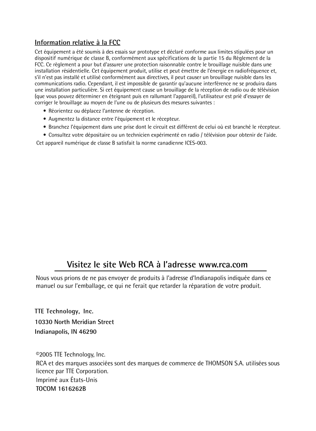 RCA 36V430T manual Information relative à la FCC, TTE Technology, Inc North Meridian Street Indianapolis 