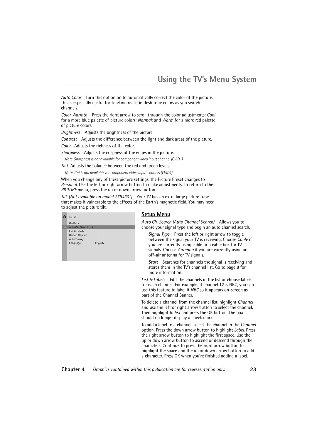 RCA 36V430T manual Using the TV’s Menu System, Setup Menu, Chapter 