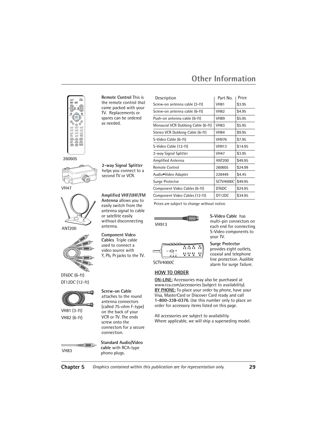 RCA 36V430T How To Order, Other Information, Chapter, 260605 VH47, Description, Price, ANT200, Y, Pb, Pr jacks to the TV 