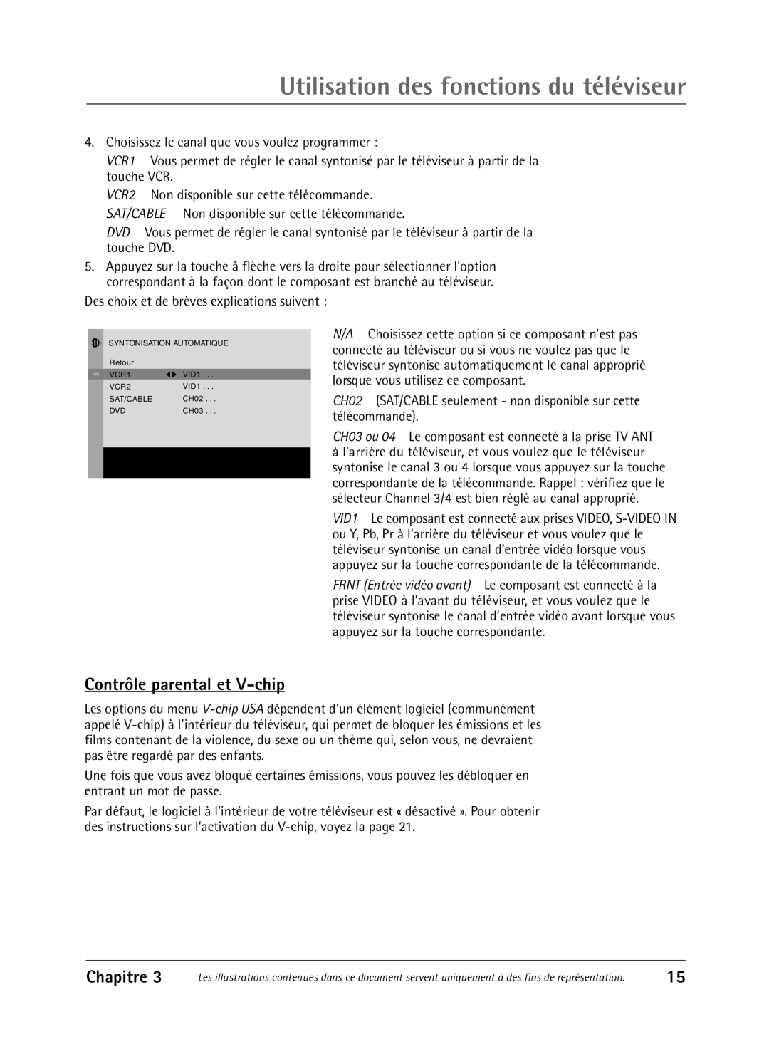 RCA 36V430T manual Utilisation des fonctions du téléviseur, Contrôle parental et V-chip, Chapitre 