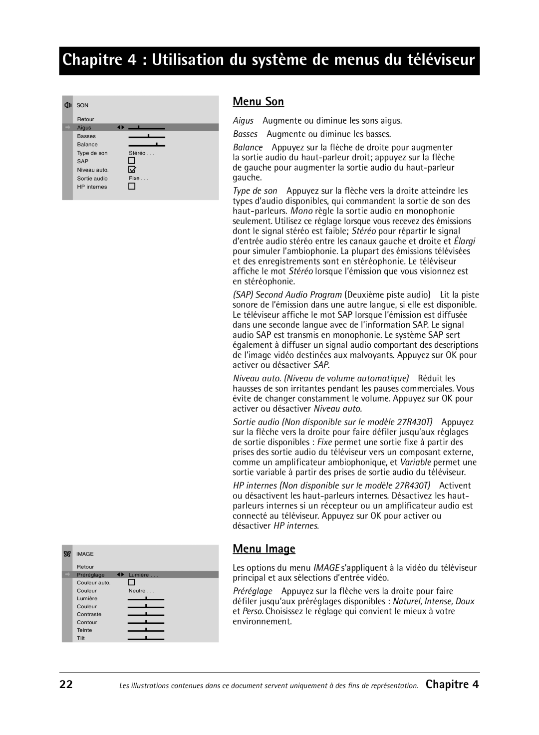 RCA 36V430T manual Menu Son, Menu Image, Chapitre 4 Utilisation du système de menus du téléviseur 