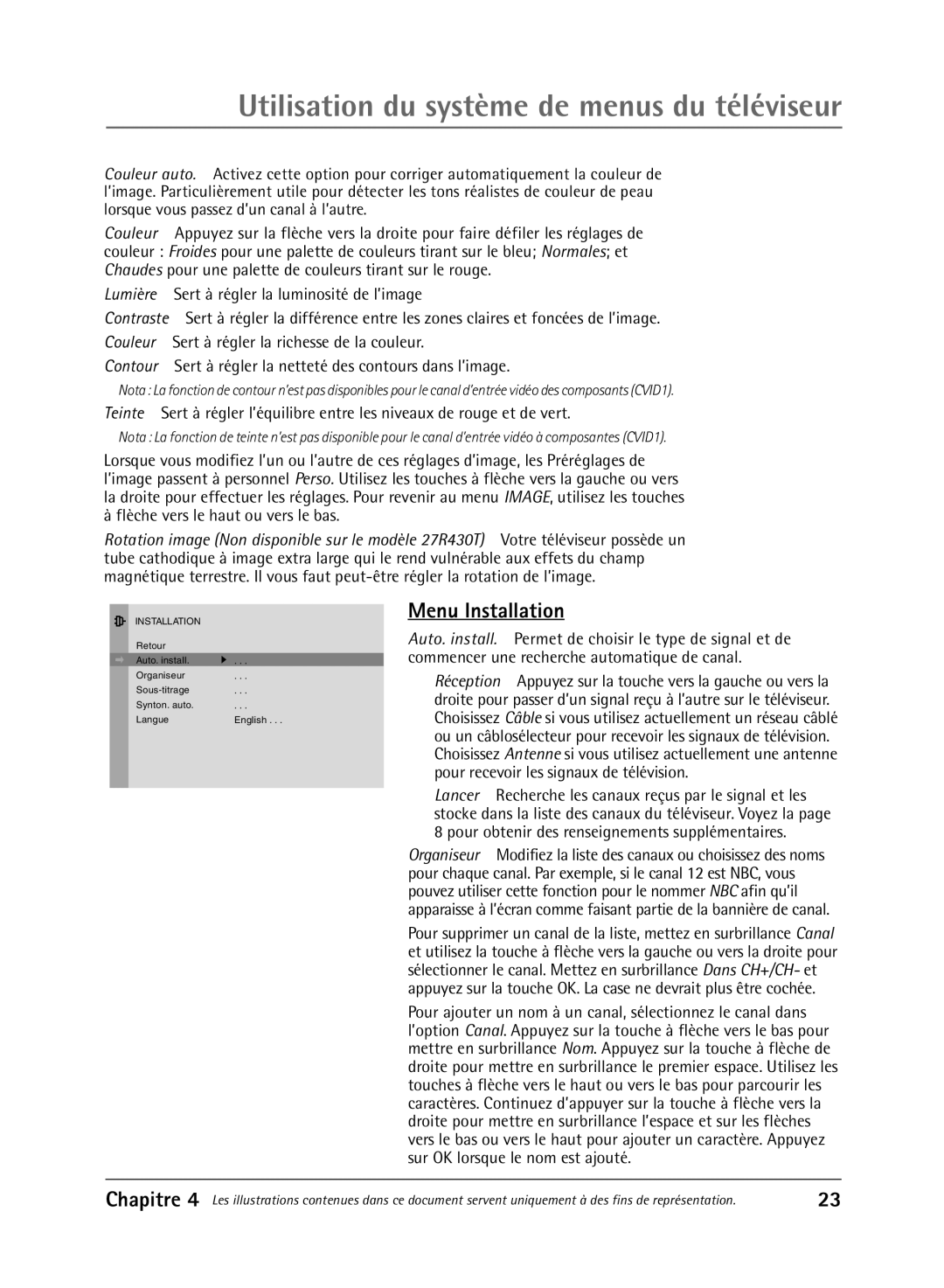 RCA 36V430T manual Utilisation du système de menus du téléviseur, Menu Installation 