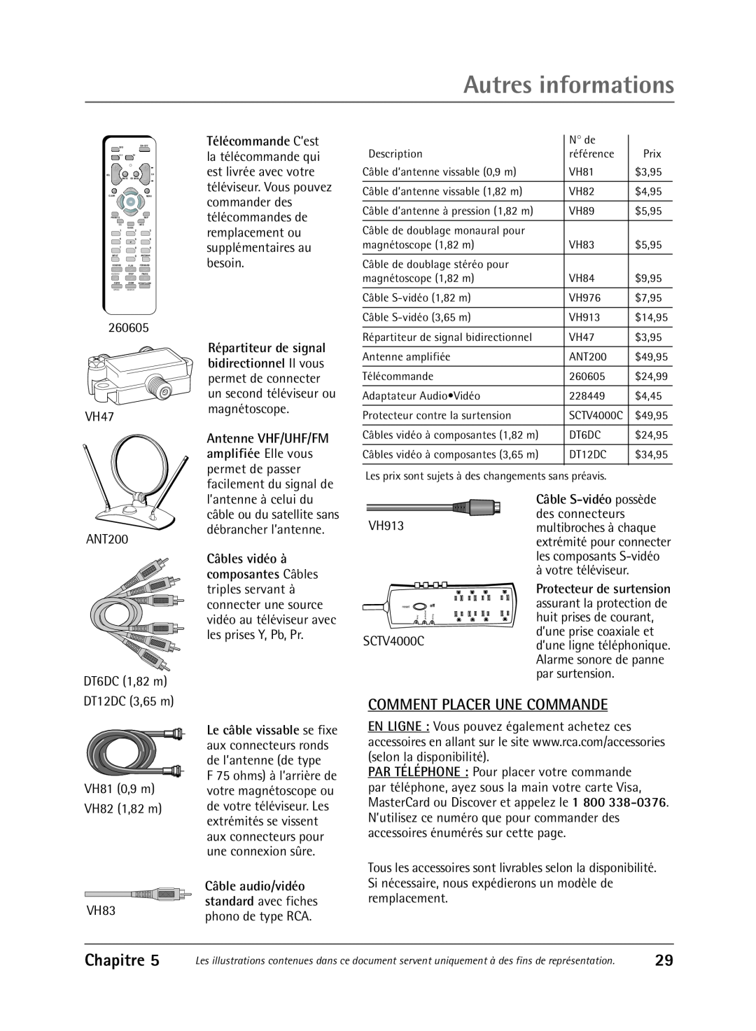 RCA 36V430T manual Comment Placer Une Commande, Autres informations, Chapitre 